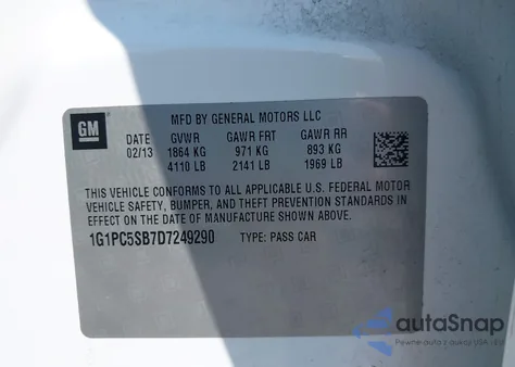 2013 Chevrolet Cruze 1Lt Auto from USA, damaged, VIN 1G1PC5SB7D7249290